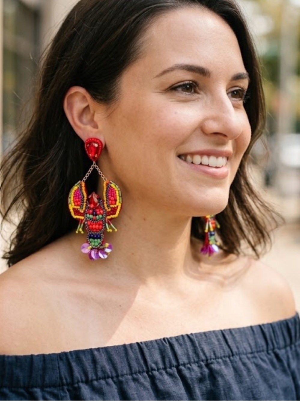 NWT Red Lobster Crawfish Beaded Drop Earrings Seafood Boil Statement Coastal